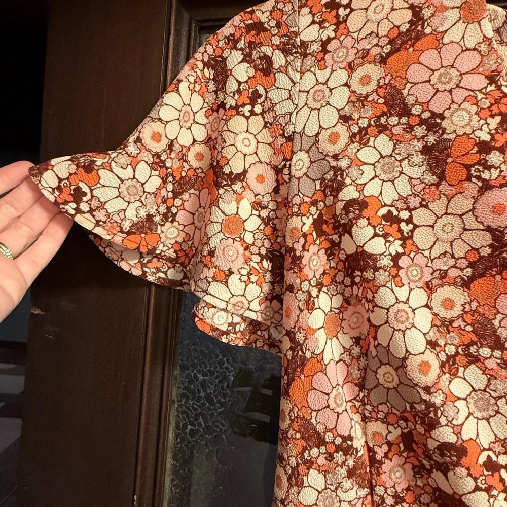 Monteau Orange Pink Tie Front Flutter Sleeve Midi Dress - Picture 4 of 7